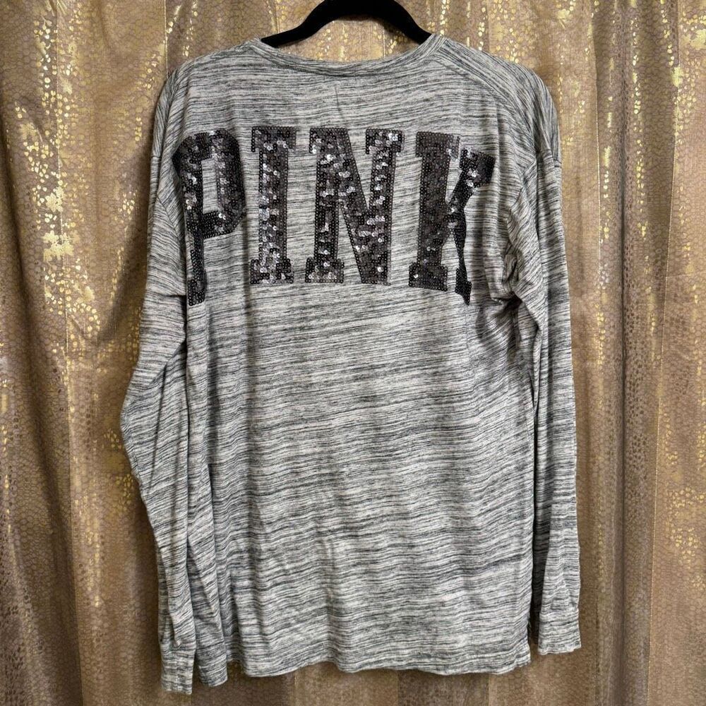 PINK Victorias Secret Gray Bling Sequined Shoulder Logo Campus Top Large